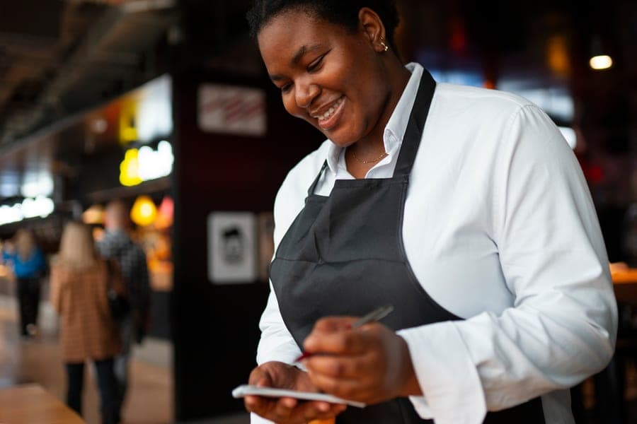 Une restauratrice prépare le menu de son établissement