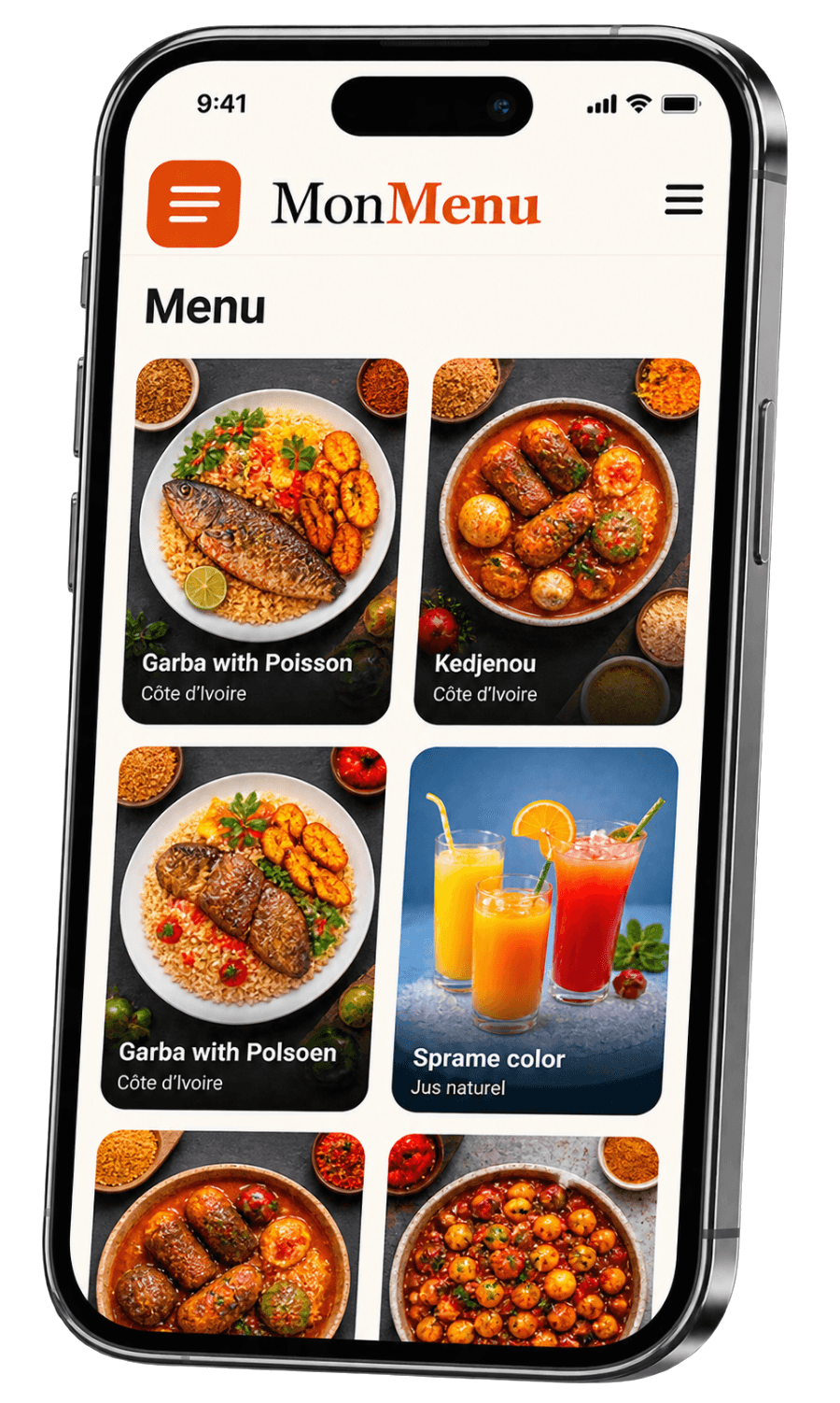 Aperçu de l'application MonMenu sur smartphone